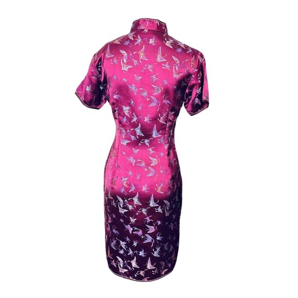 Vintage Satin Cheongsam Dress Short Sleeve Knee Length Butterfly Print - Picture 4 of 8